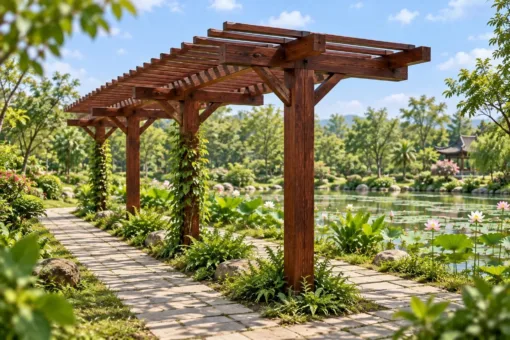 Giàn Hoa Pergola P45 - Một Hàng Cột Dầm Chìa Hai Bên Hình Chữ T, Gỗ Thông Màu Nâu Đỏ Giàn hoa P45 – nhìn chéo, dây leo bám cột, lối lát bên dưới