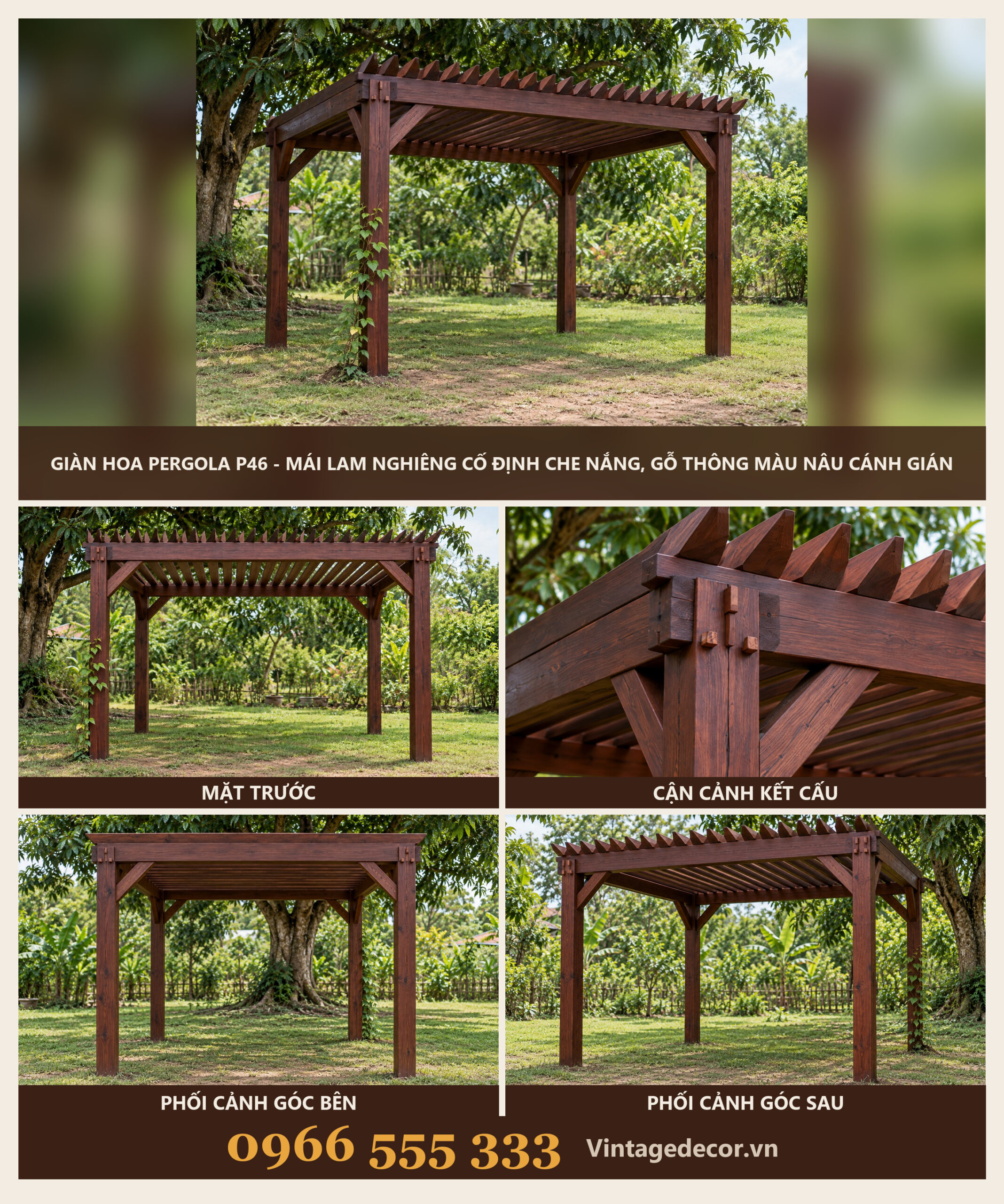 Giàn Hoa Pergola P46 - Mái Lam Nghiêng Cố Định Che Nắng, Gỗ Thông Màu Nâu Cánh Gián Giàn Hoa Pergola P46 - Mái Lam Nghiêng Cố Định Che Nắng, Gỗ Thông Màu Nâu Cánh Gián