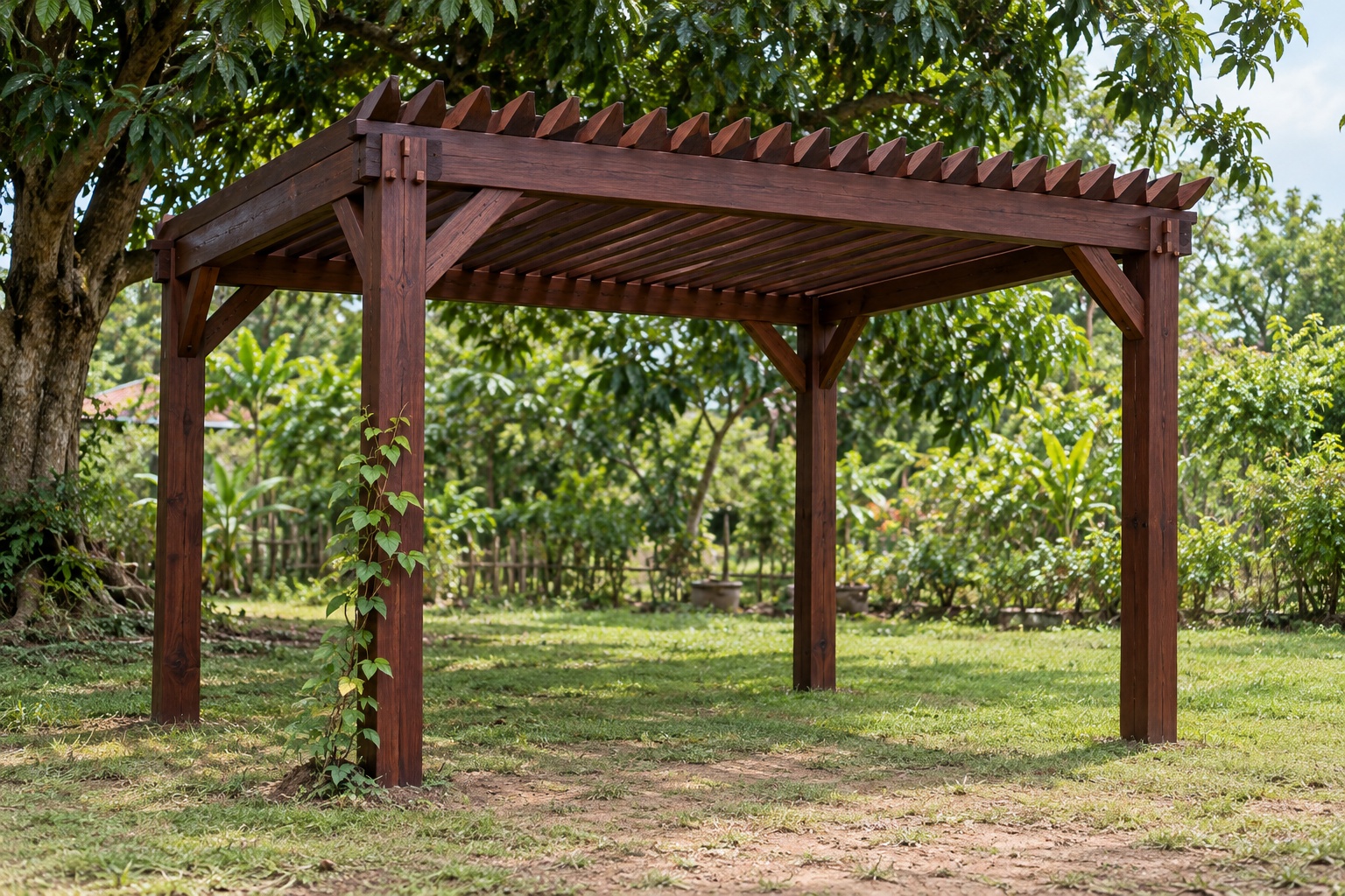 Giàn Hoa Pergola P46 - Mái Lam Nghiêng Cố Định Che Nắng, Gỗ Thông Màu Nâu Cánh Gián Giàn Hoa Pergola P46 - Mái Lam Nghiêng Cố Định Che Nắng, Gỗ Thông Màu Nâu Cánh Gián