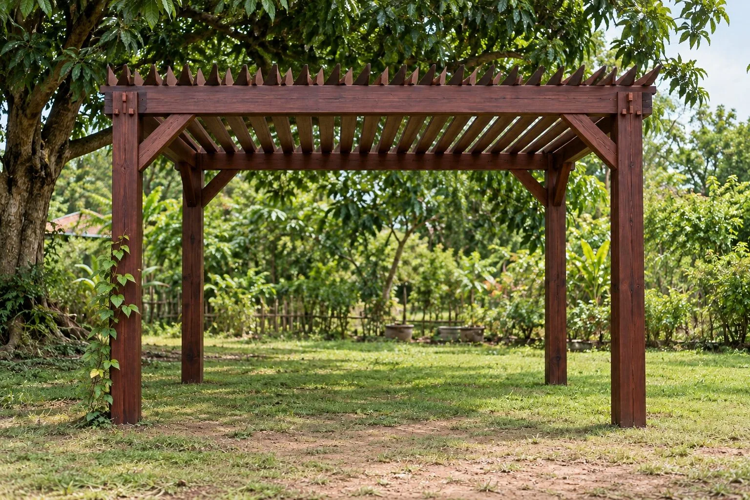 Giàn hoa P46 nâu cánh gián nhìn thẳng mặt trước, khung dầm bao, thanh chống chéo ở bốn góc, mái lam