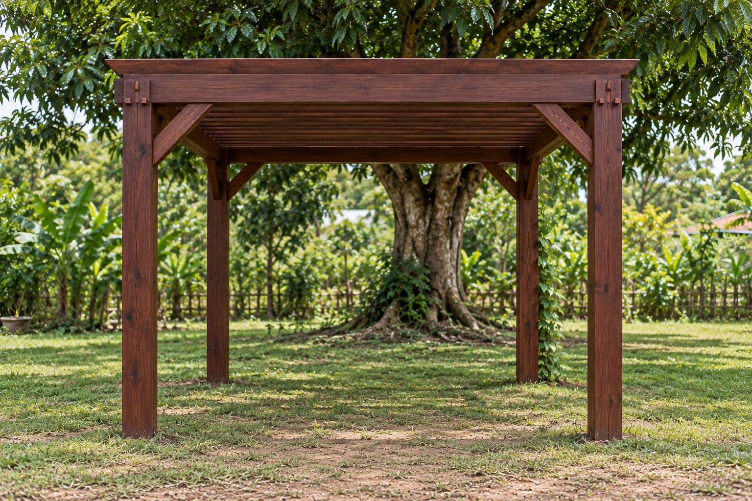 Giàn Hoa Pergola P46 - Mái Lam Nghiêng Cố Định Che Nắng, Gỗ Thông Màu Nâu Cánh Gián Giàn Hoa Pergola P46 - Mái Lam Nghiêng Cố Định Che Nắng, Gỗ Thông Màu Nâu Cánh Gián