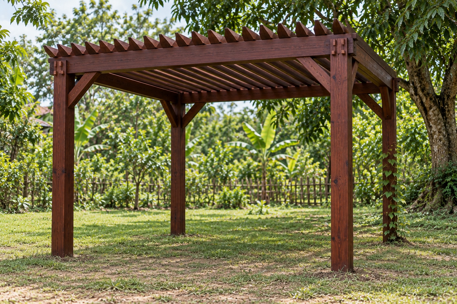 Giàn Hoa Pergola P46 - Mái Lam Nghiêng Cố Định Che Nắng, Gỗ Thông Màu Nâu Cánh Gián Giàn Hoa Pergola P46 - Mái Lam Nghiêng Cố Định Che Nắng, Gỗ Thông Màu Nâu Cánh Gián