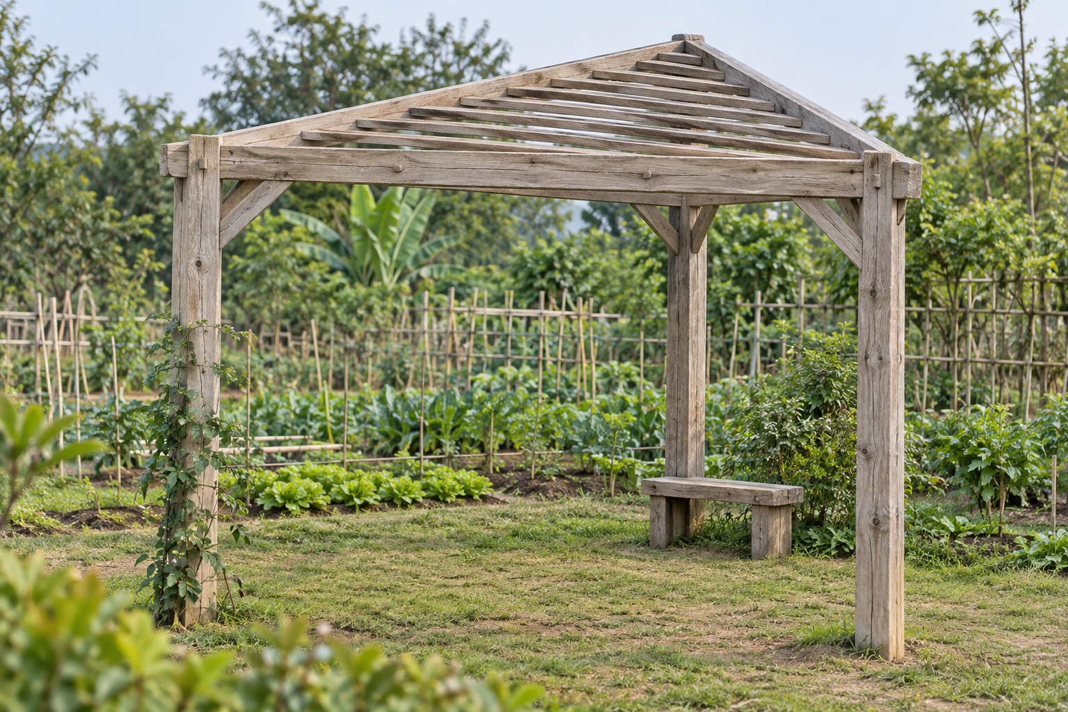 Giàn Hoa Pergola P47 - Ba Cột Mặt Bằng Tam Giác Góc Sân, Gỗ Thông Màu Vintage Giàn Hoa Pergola P47 - Ba Cột Mặt Bằng Tam Giác Góc Sân, Gỗ Thông Màu Vintage