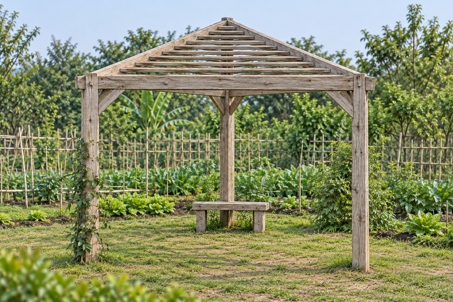 Giàn Hoa Pergola P47 - Ba Cột Mặt Bằng Tam Giác Góc Sân, Gỗ Thông Màu Vintage Giàn Hoa Pergola P47 - Ba Cột Mặt Bằng Tam Giác Góc Sân, Gỗ Thông Màu Vintage