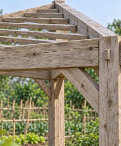 Giàn Hoa Pergola P47 - Ba Cột Mặt Bằng Tam Giác Góc Sân, Gỗ Thông Màu Vintage