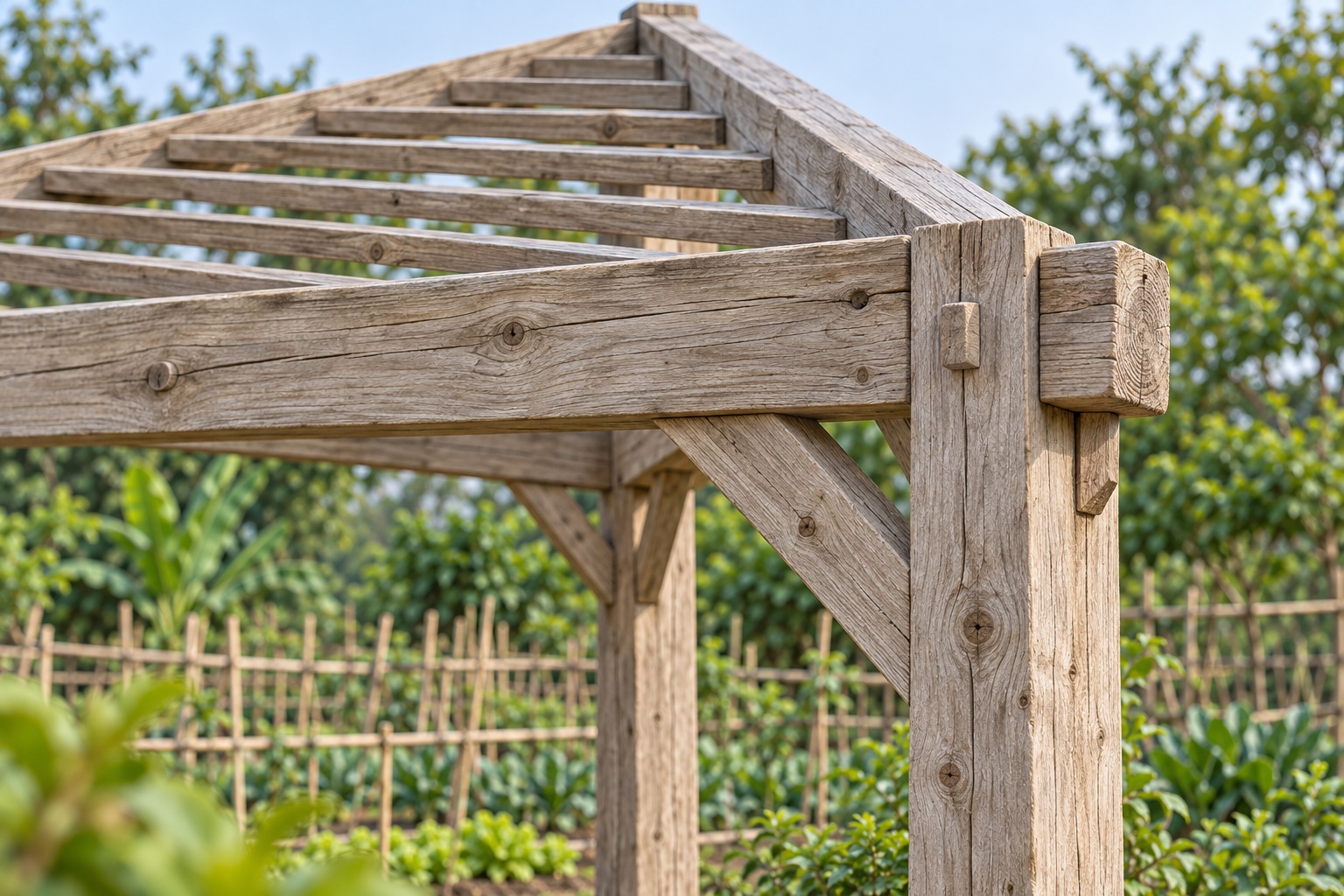 Giàn Hoa Pergola P47 - Ba Cột Mặt Bằng Tam Giác Góc Sân, Gỗ Thông Màu Vintage Giàn Hoa Pergola P47 - Ba Cột Mặt Bằng Tam Giác Góc Sân, Gỗ Thông Màu Vintage