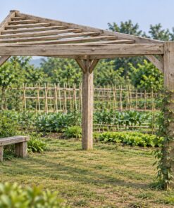 Giàn Hoa Pergola P47 - Ba Cột Mặt Bằng Tam Giác Góc Sân, Gỗ Thông Màu Vintage