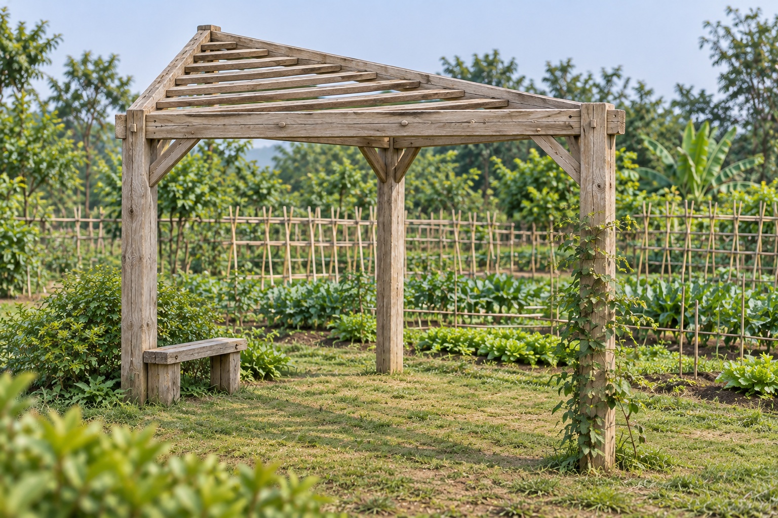 Giàn Hoa Pergola P47 - Ba Cột Mặt Bằng Tam Giác Góc Sân, Gỗ Thông Màu Vintage Giàn Hoa Pergola P47 - Ba Cột Mặt Bằng Tam Giác Góc Sân, Gỗ Thông Màu Vintage