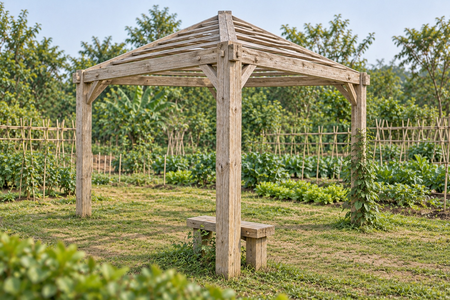 Giàn Hoa Pergola P47 - Ba Cột Mặt Bằng Tam Giác Góc Sân, Gỗ Thông Màu Vintage Giàn Hoa Pergola P47 - Ba Cột Mặt Bằng Tam Giác Góc Sân, Gỗ Thông Màu Vintage