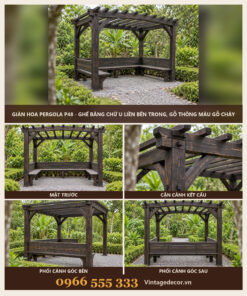 Giàn Hoa Pergola P48 - Ghế Băng Chữ U Liền Bên Trong, Gỗ Thông Màu Gỗ Cháy