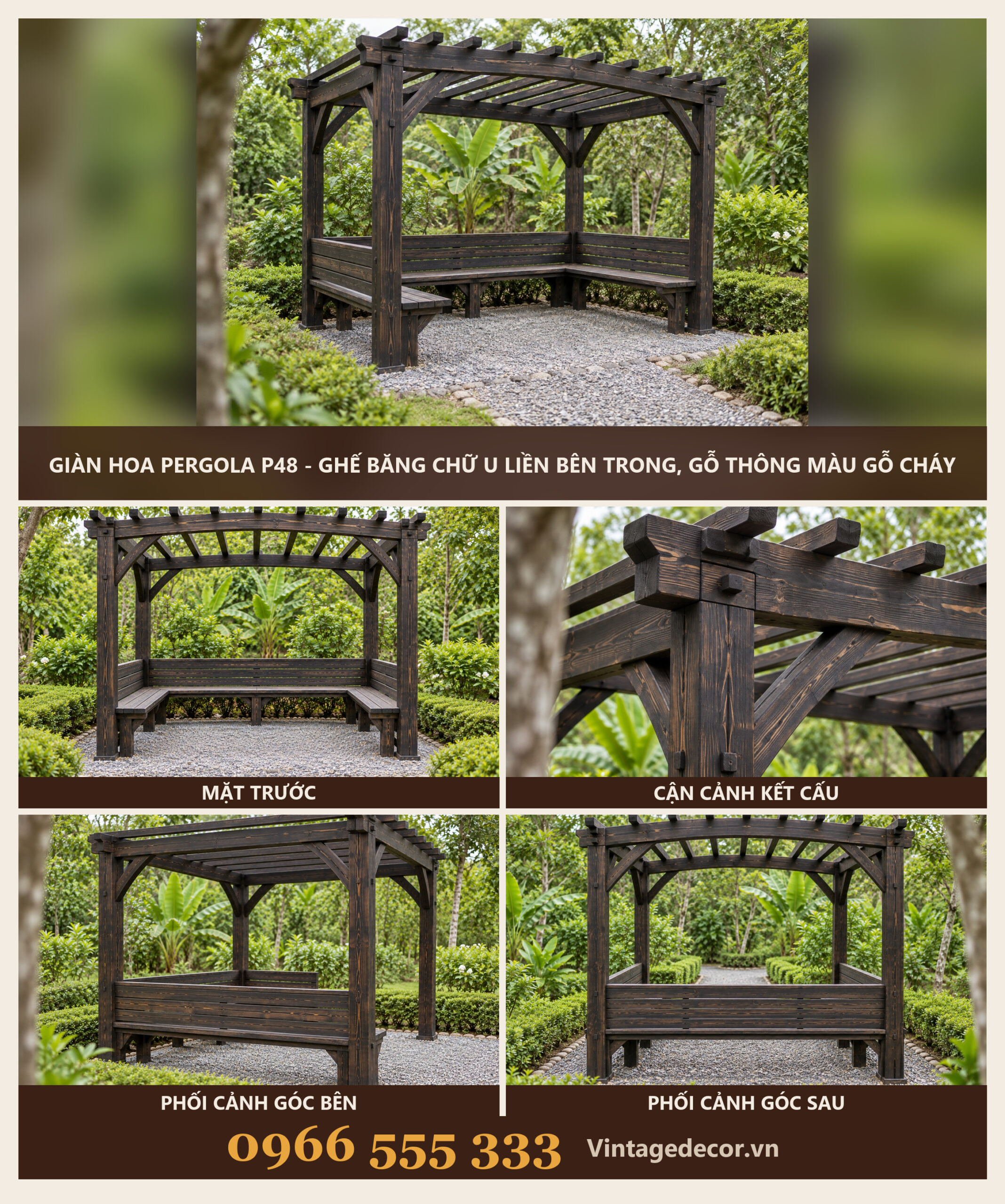 Giàn Hoa Pergola P48 - Ghế Băng Chữ U Liền Bên Trong, Gỗ Thông Màu Gỗ Cháy Giàn Hoa Pergola P48 - Ghế Băng Chữ U Liền Bên Trong, Gỗ Thông Màu Gỗ Cháy