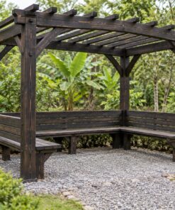Giàn Hoa Pergola P48 - Ghế Băng Chữ U Liền Bên Trong, Gỗ Thông Màu Gỗ Cháy
