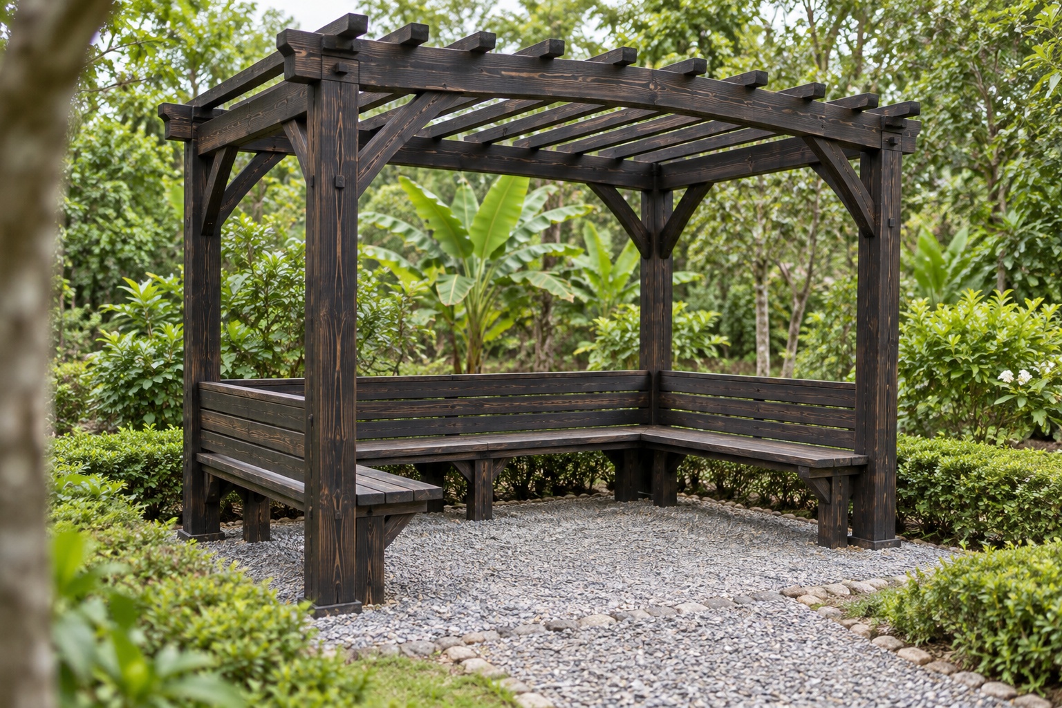 Giàn Hoa Pergola P48 - Ghế Băng Chữ U Liền Bên Trong, Gỗ Thông Màu Gỗ Cháy Giàn Hoa Pergola P48 - Ghế Băng Chữ U Liền Bên Trong, Gỗ Thông Màu Gỗ Cháy