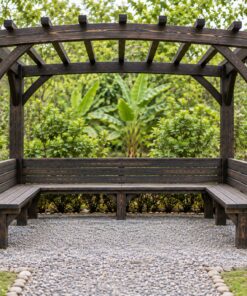 Giàn Hoa Pergola P48 - Ghế Băng Chữ U Liền Bên Trong, Gỗ Thông Màu Gỗ Cháy