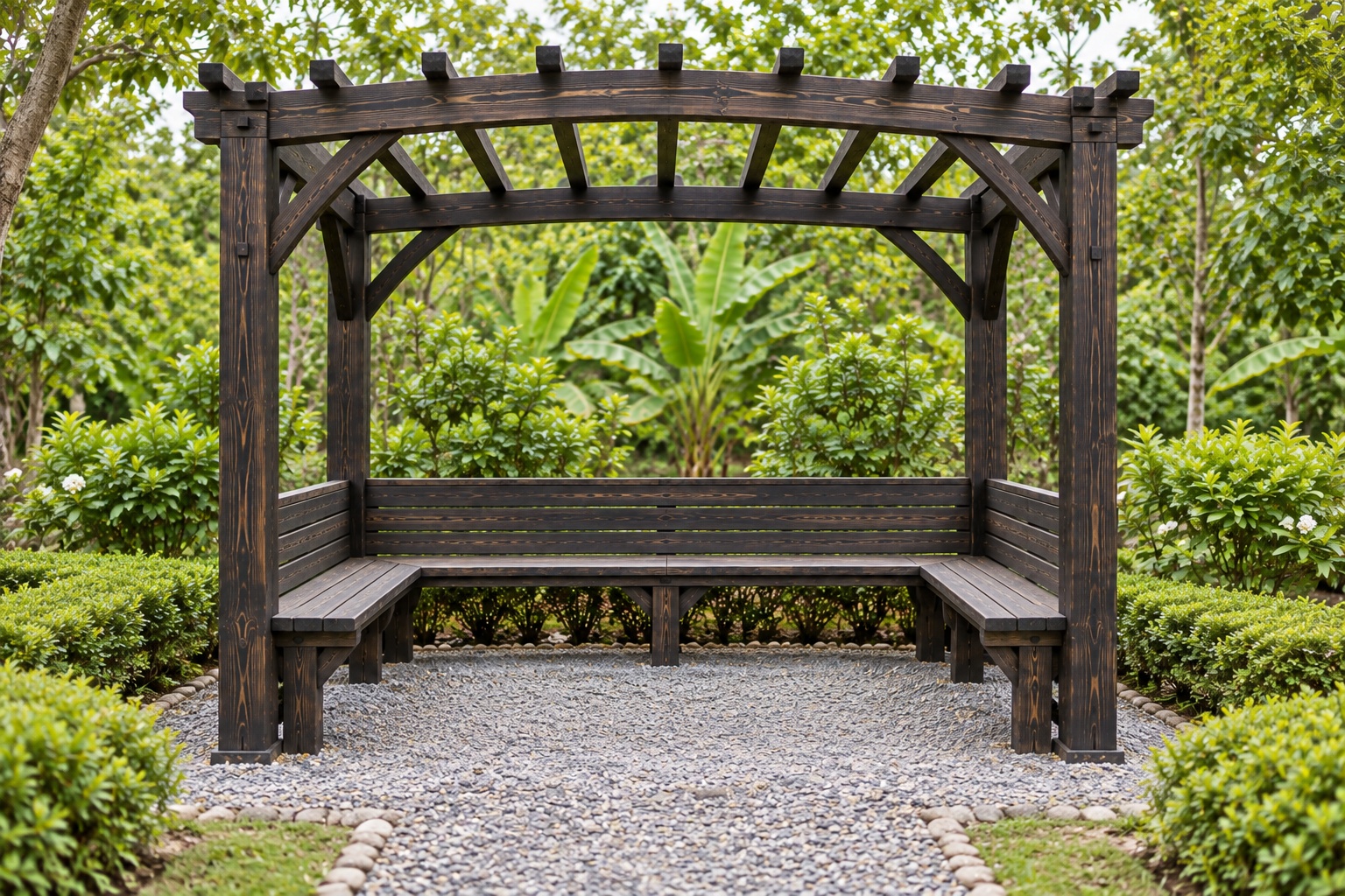 Giàn Hoa Pergola P48 - Ghế Băng Chữ U Liền Bên Trong, Gỗ Thông Màu Gỗ Cháy Giàn Hoa Pergola P48 - Ghế Băng Chữ U Liền Bên Trong, Gỗ Thông Màu Gỗ Cháy