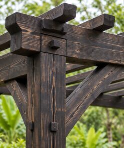 Giàn Hoa Pergola P48 - Ghế Băng Chữ U Liền Bên Trong, Gỗ Thông Màu Gỗ Cháy