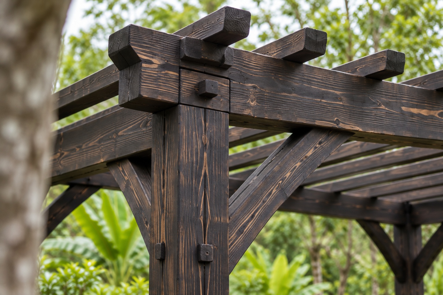 Giàn Hoa Pergola P48 - Ghế Băng Chữ U Liền Bên Trong, Gỗ Thông Màu Gỗ Cháy Giàn Hoa Pergola P48 - Ghế Băng Chữ U Liền Bên Trong, Gỗ Thông Màu Gỗ Cháy