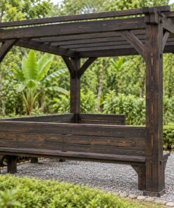 Giàn Hoa Pergola P48 - Ghế Băng Chữ U Liền Bên Trong, Gỗ Thông Màu Gỗ Cháy