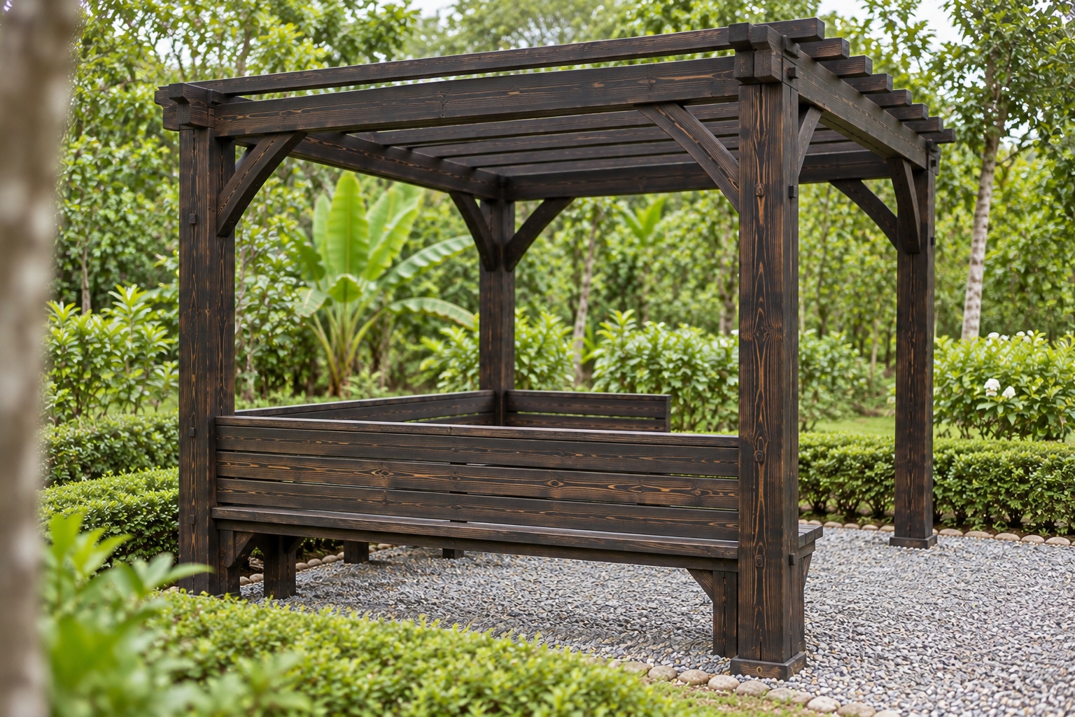 Giàn Hoa Pergola P48 - Ghế Băng Chữ U Liền Bên Trong, Gỗ Thông Màu Gỗ Cháy Giàn Hoa Pergola P48 - Ghế Băng Chữ U Liền Bên Trong, Gỗ Thông Màu Gỗ Cháy
