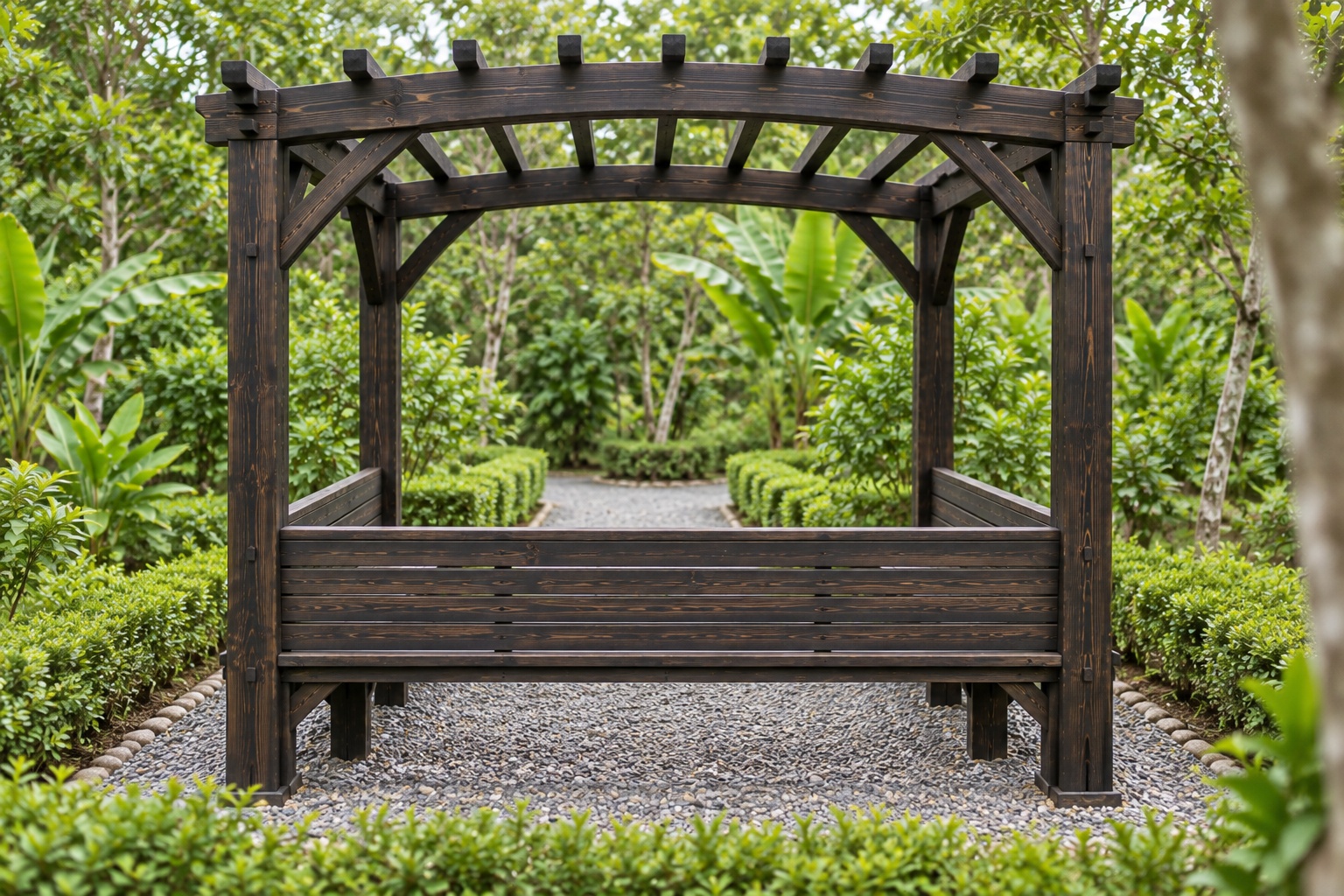 Giàn Hoa Pergola P48 - Ghế Băng Chữ U Liền Bên Trong, Gỗ Thông Màu Gỗ Cháy Giàn Hoa Pergola P48 - Ghế Băng Chữ U Liền Bên Trong, Gỗ Thông Màu Gỗ Cháy