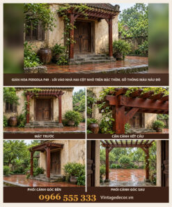 Giàn Hoa Pergola P49 - Lối Vào Nhà Hai Cột Nhỏ Trên Bậc Thềm, Gỗ Thông Màu Nâu Đỏ