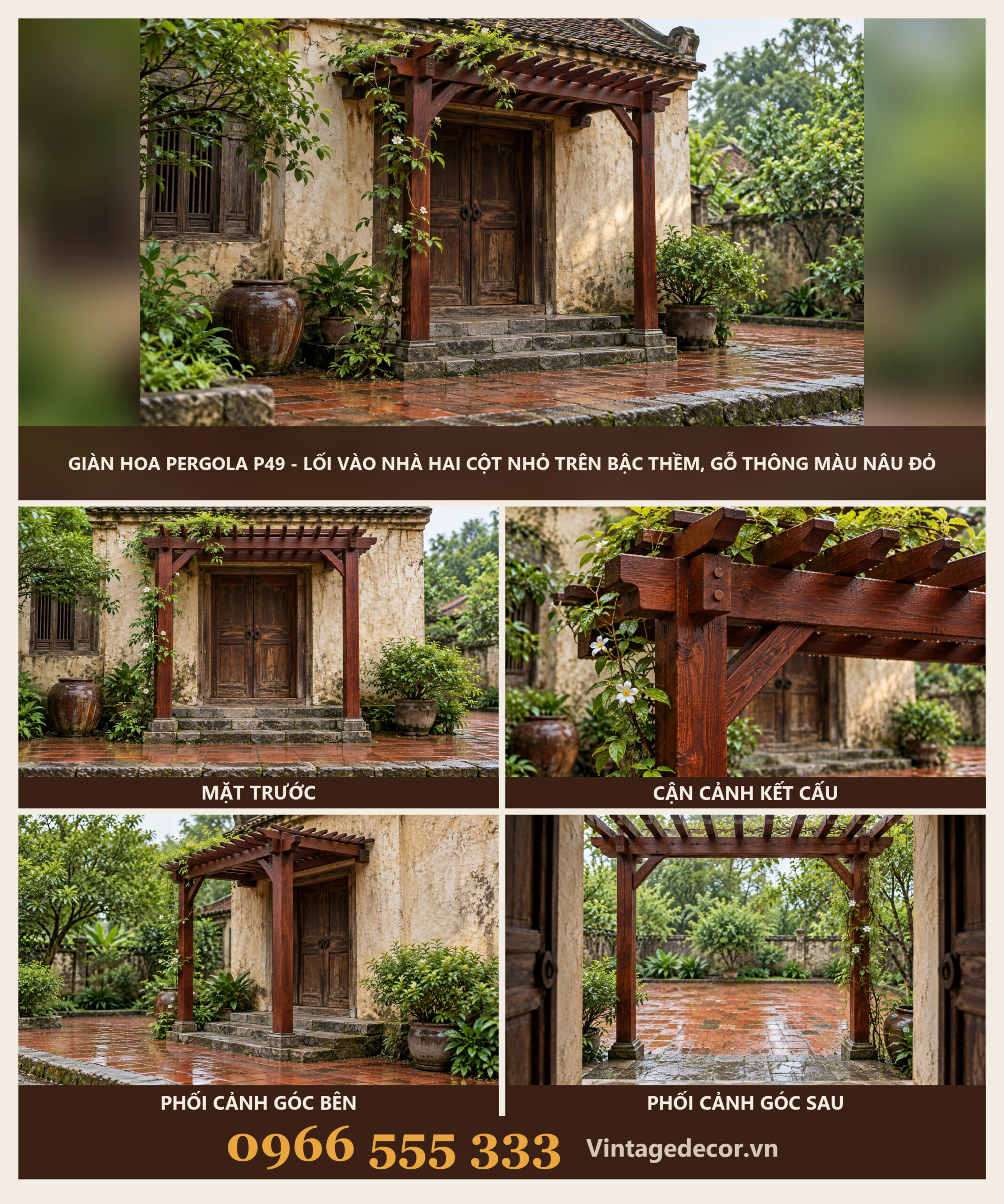 Giàn Hoa Pergola P49 - Lối Vào Nhà Hai Cột Nhỏ Trên Bậc Thềm, Gỗ Thông Màu Nâu Đỏ Giàn Hoa Pergola P49 - Lối Vào Nhà Hai Cột Nhỏ Trên Bậc Thềm, Gỗ Thông Màu Nâu Đỏ