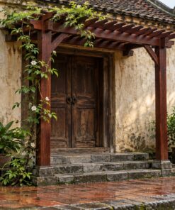 Giàn Hoa Pergola P49 - Lối Vào Nhà Hai Cột Nhỏ Trên Bậc Thềm, Gỗ Thông Màu Nâu Đỏ
