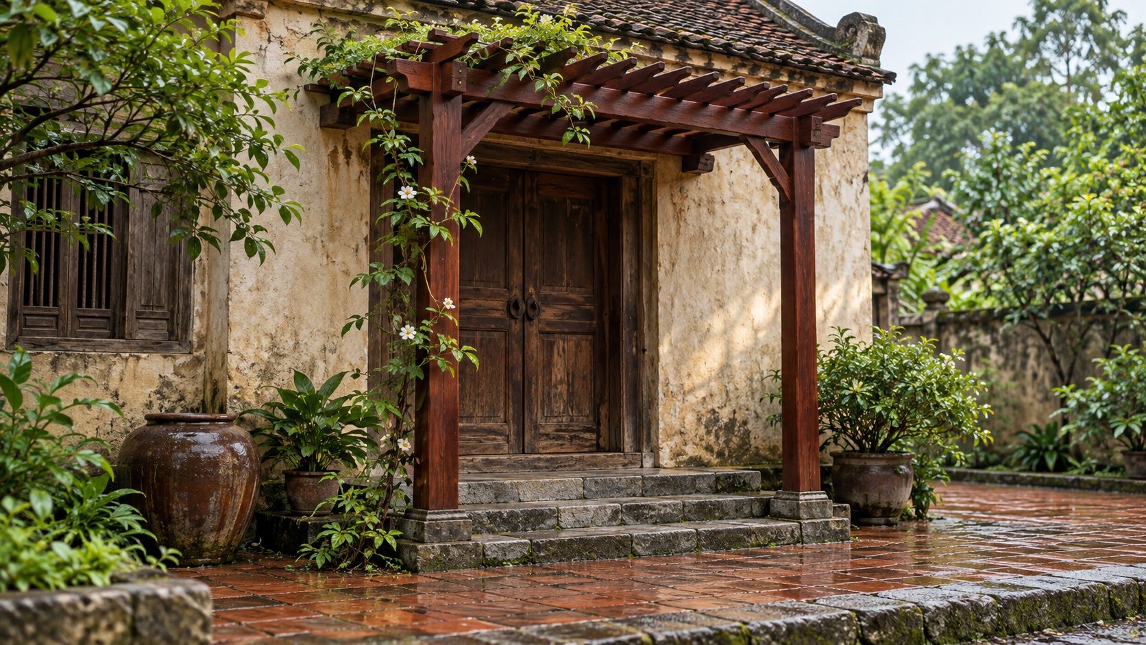 Giàn Hoa Pergola P49 - Lối Vào Nhà Hai Cột Nhỏ Trên Bậc Thềm, Gỗ Thông Màu Nâu Đỏ Giàn Hoa Pergola P49 - Lối Vào Nhà Hai Cột Nhỏ Trên Bậc Thềm, Gỗ Thông Màu Nâu Đỏ