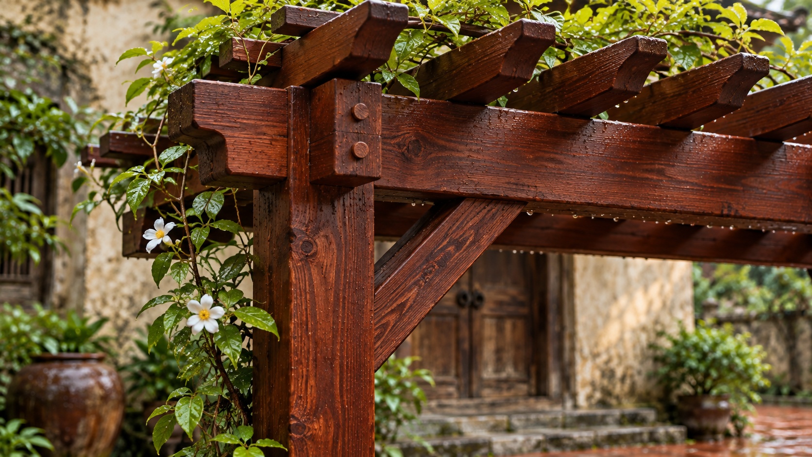 Giàn Hoa Pergola P49 - Lối Vào Nhà Hai Cột Nhỏ Trên Bậc Thềm, Gỗ Thông Màu Nâu Đỏ Giàn Hoa Pergola P49 - Lối Vào Nhà Hai Cột Nhỏ Trên Bậc Thềm, Gỗ Thông Màu Nâu Đỏ