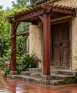 Giàn Hoa Pergola P49 - Lối Vào Nhà Hai Cột Nhỏ Trên Bậc Thềm, Gỗ Thông Màu Nâu Đỏ