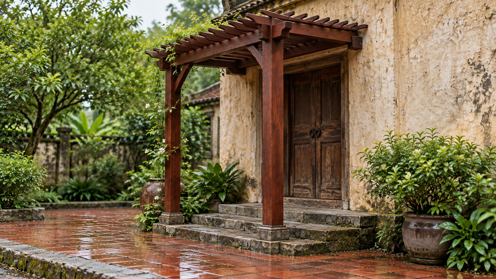 Giàn Hoa Pergola P49 - Lối Vào Nhà Hai Cột Nhỏ Trên Bậc Thềm, Gỗ Thông Màu Nâu Đỏ Giàn Hoa Pergola P49 - Lối Vào Nhà Hai Cột Nhỏ Trên Bậc Thềm, Gỗ Thông Màu Nâu Đỏ