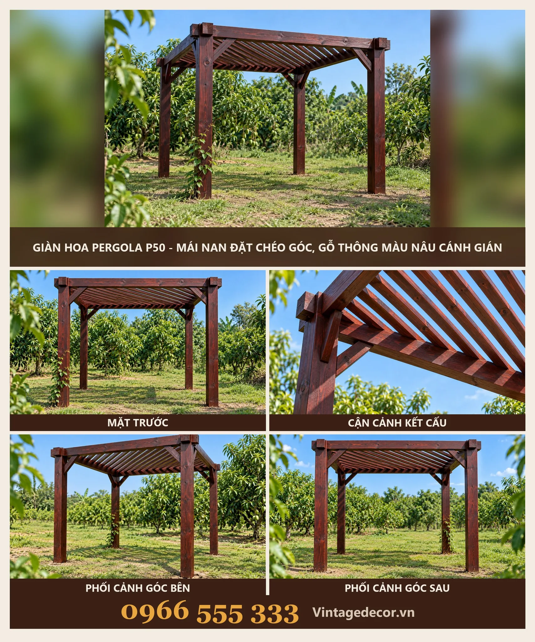 Giàn Hoa Pergola P50 Mái Nan Đặt Chéo Góc