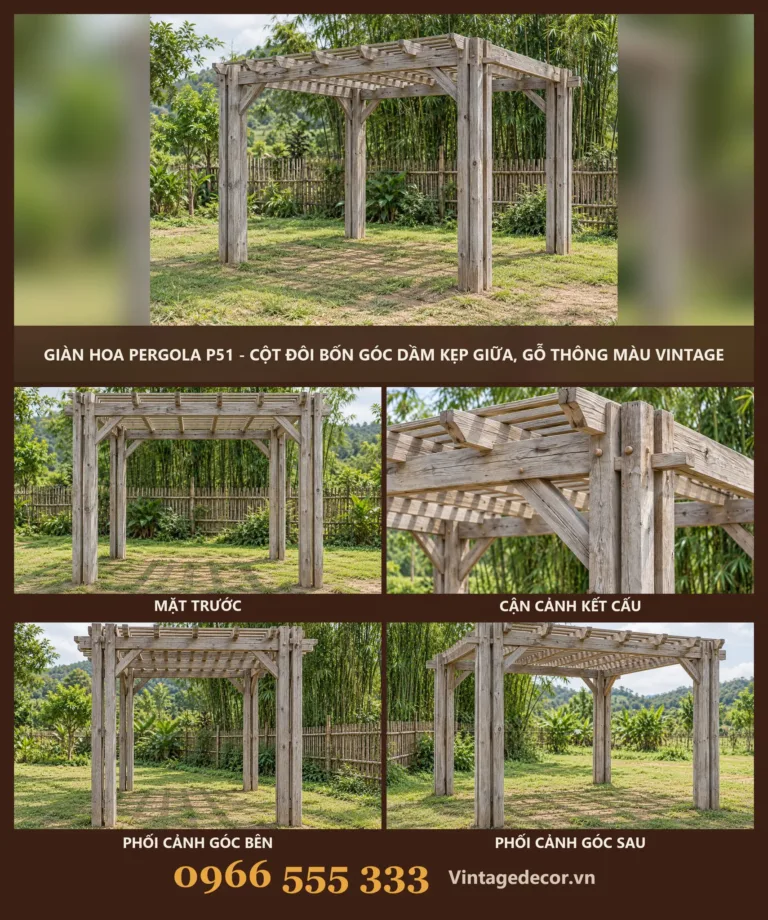 Giàn Hoa Pergola P51 Cột Đôi Dầm Kẹp Giữa