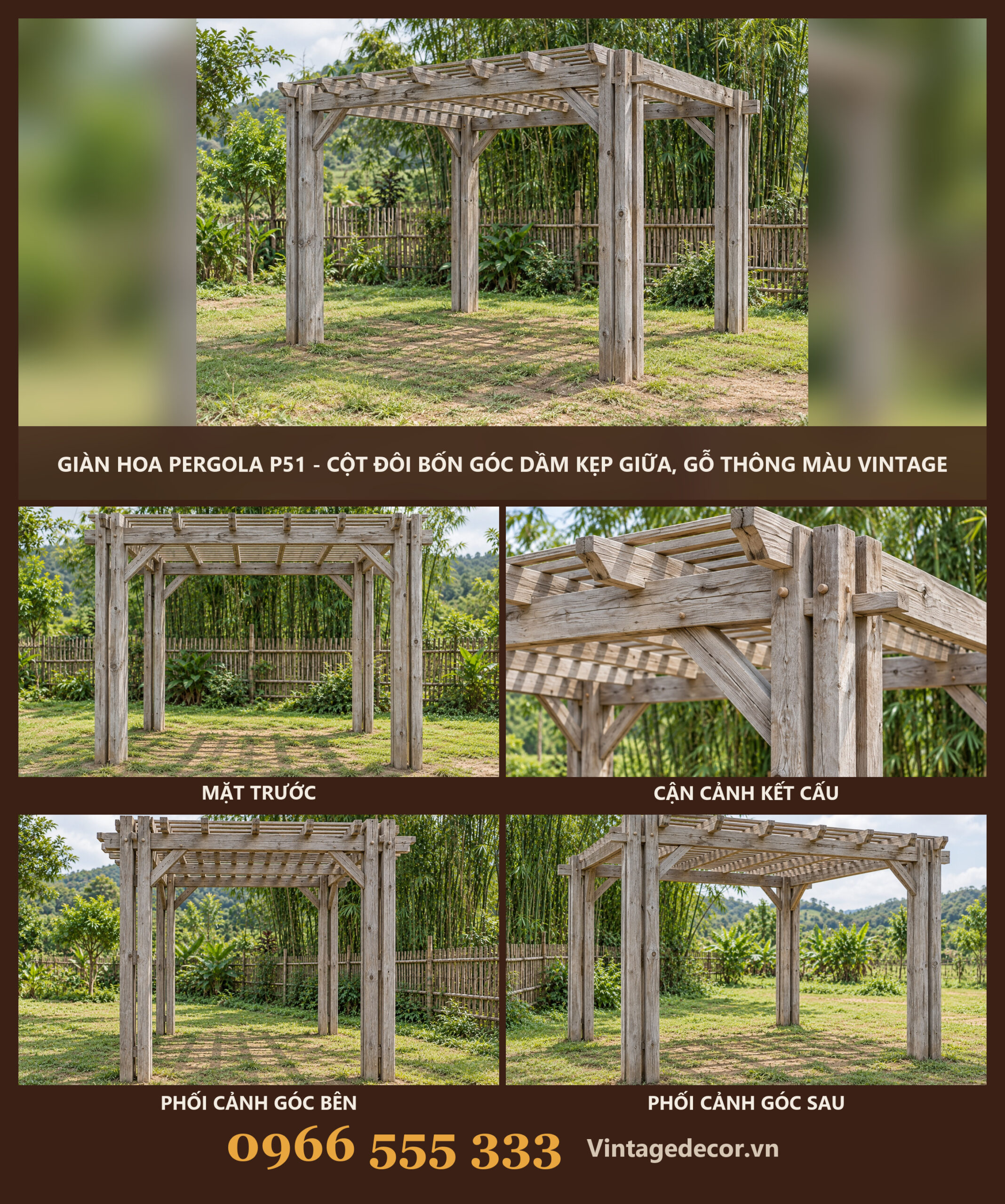 Giàn Hoa Pergola P51 - Cột Đôi Bốn Góc Dầm Kẹp Giữa, Gỗ Thông Màu Vintage Giàn Hoa Pergola P51 - Cột Đôi Bốn Góc Dầm Kẹp Giữa, Gỗ Thông Màu Vintage