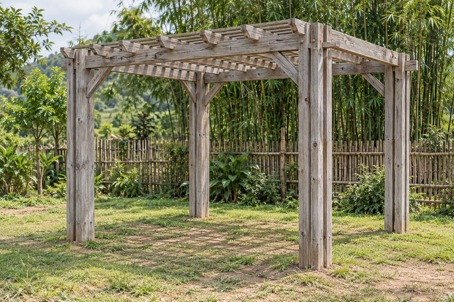 Giàn Hoa Pergola P51 - Cột Đôi Bốn Góc Dầm Kẹp Giữa, Gỗ Thông Màu Vintage Giàn Hoa Pergola P51 - Cột Đôi Bốn Góc Dầm Kẹp Giữa, Gỗ Thông Màu Vintage