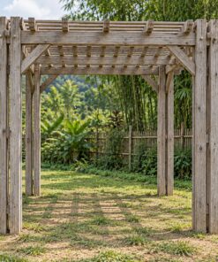 Giàn Hoa Pergola P51 - Cột Đôi Bốn Góc Dầm Kẹp Giữa, Gỗ Thông Màu Vintage