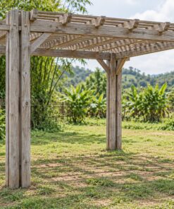 Giàn Hoa Pergola P51 - Cột Đôi Bốn Góc Dầm Kẹp Giữa, Gỗ Thông Màu Vintage