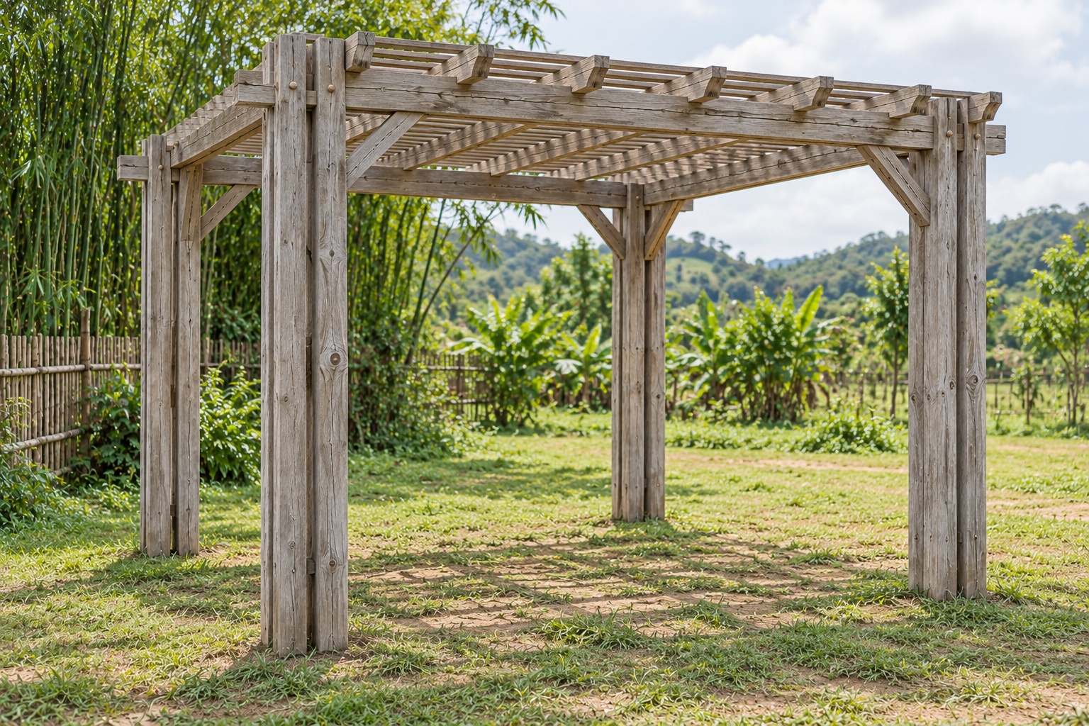 Giàn Hoa Pergola P51 - Cột Đôi Bốn Góc Dầm Kẹp Giữa, Gỗ Thông Màu Vintage Giàn Hoa Pergola P51 - Cột Đôi Bốn Góc Dầm Kẹp Giữa, Gỗ Thông Màu Vintage