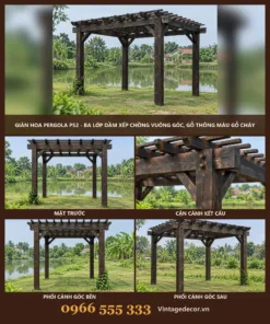 Giàn Hoa Pergola P52 - Ba Lớp Dầm Xếp Chồng Vuông Góc, Gỗ Thông Màu Gỗ Cháy