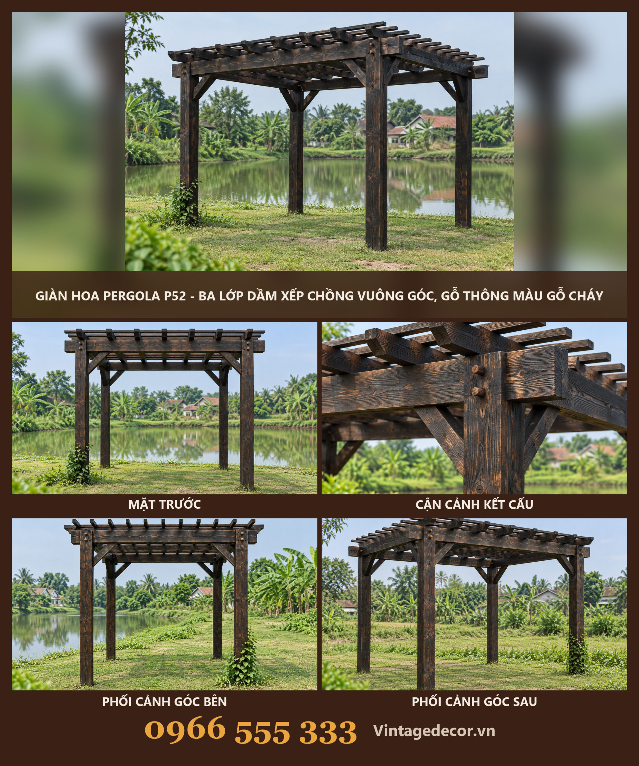 Giàn Hoa Pergola P52 - Ba Lớp Dầm Xếp Chồng Vuông Góc, Gỗ Thông Màu Gỗ Cháy Giàn Hoa Pergola P52 - Ba Lớp Dầm Xếp Chồng Vuông Góc, Gỗ Thông Màu Gỗ Cháy