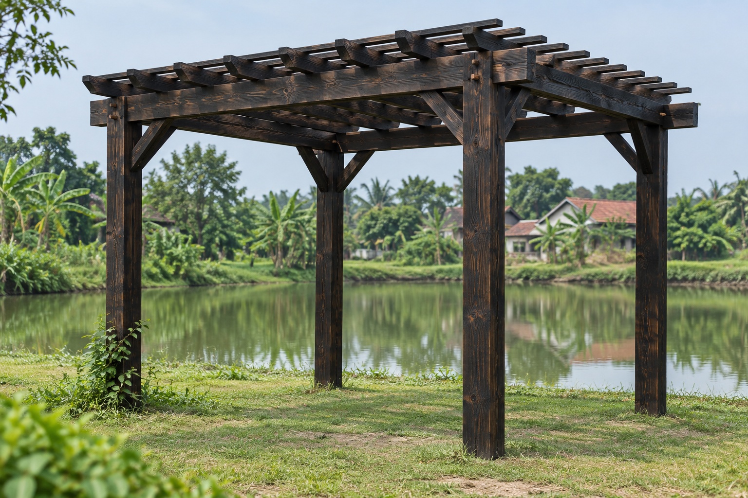 Giàn Hoa Pergola P52 - Ba Lớp Dầm Xếp Chồng Vuông Góc, Gỗ Thông Màu Gỗ Cháy Giàn Hoa Pergola P52 - Ba Lớp Dầm Xếp Chồng Vuông Góc, Gỗ Thông Màu Gỗ Cháy