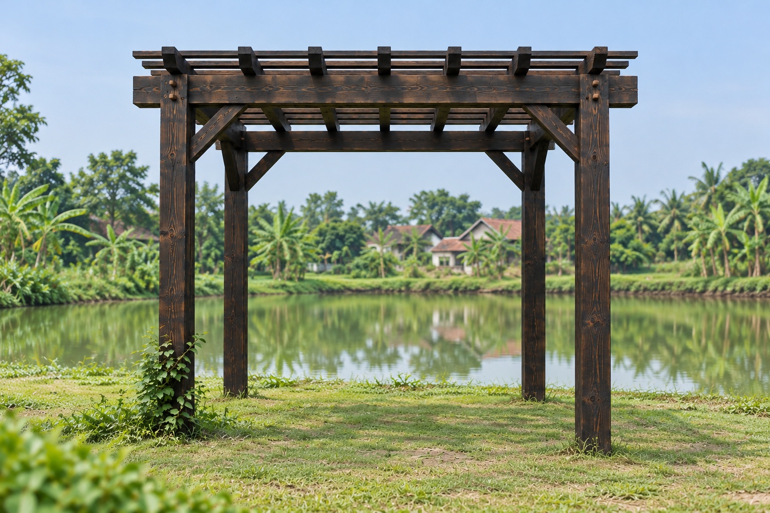 Giàn Hoa Pergola P52 - Ba Lớp Dầm Xếp Chồng Vuông Góc, Gỗ Thông Màu Gỗ Cháy Giàn Hoa Pergola P52 - Ba Lớp Dầm Xếp Chồng Vuông Góc, Gỗ Thông Màu Gỗ Cháy