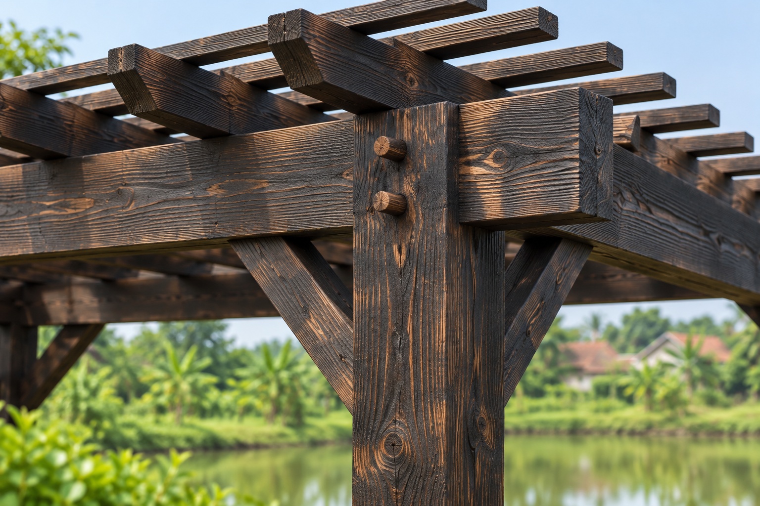 Giàn Hoa Pergola P52 - Ba Lớp Dầm Xếp Chồng Vuông Góc, Gỗ Thông Màu Gỗ Cháy Giàn Hoa Pergola P52 - Ba Lớp Dầm Xếp Chồng Vuông Góc, Gỗ Thông Màu Gỗ Cháy