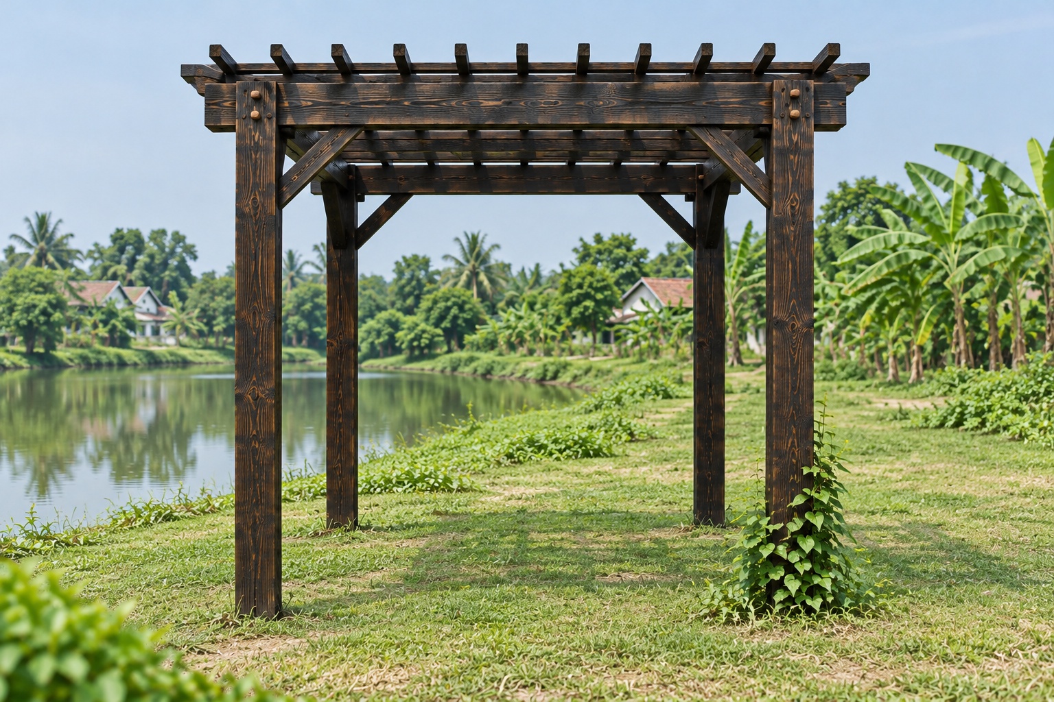 Giàn Hoa Pergola P52 - Ba Lớp Dầm Xếp Chồng Vuông Góc, Gỗ Thông Màu Gỗ Cháy Giàn Hoa Pergola P52 - Ba Lớp Dầm Xếp Chồng Vuông Góc, Gỗ Thông Màu Gỗ Cháy