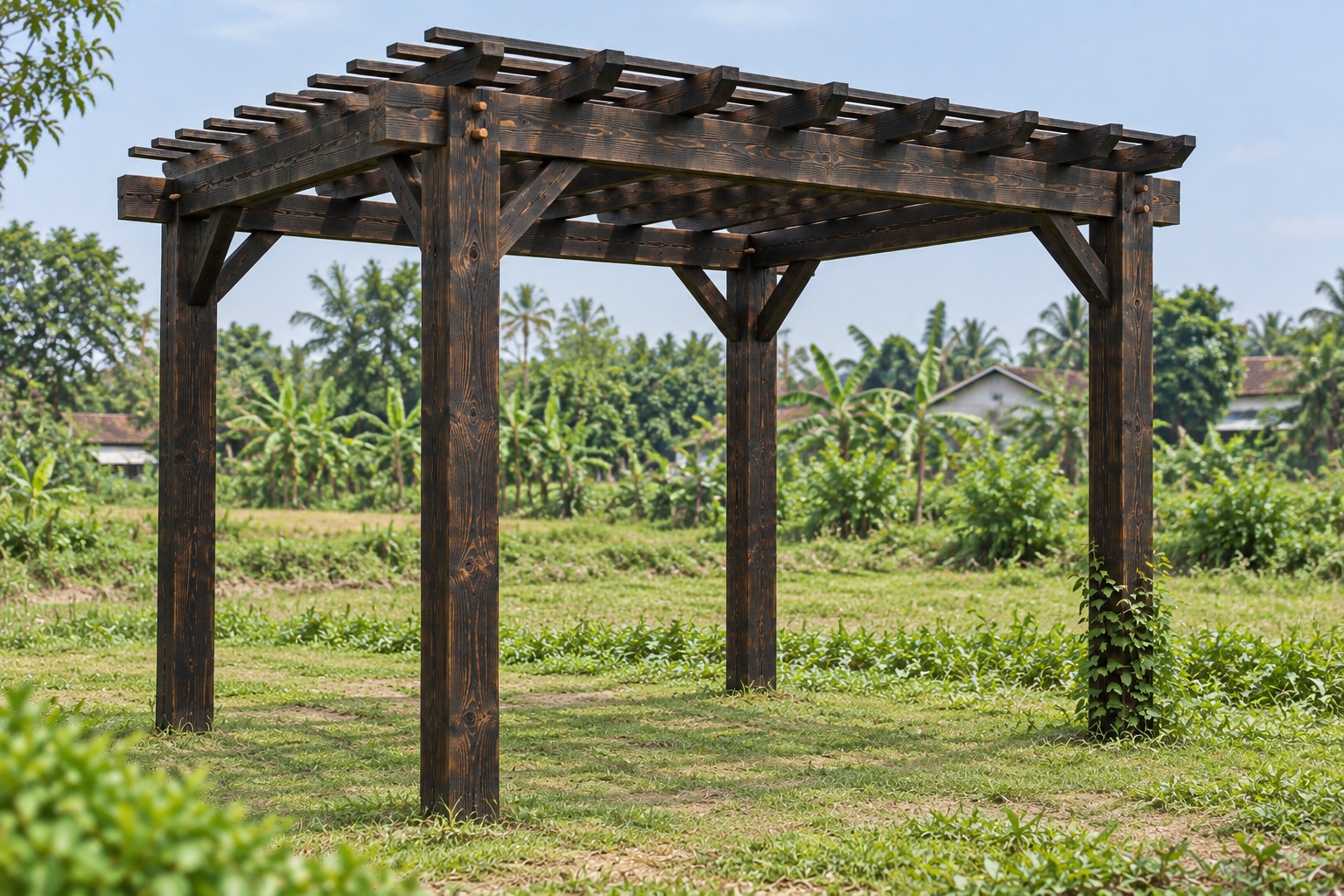 Giàn Hoa Pergola P52 - Ba Lớp Dầm Xếp Chồng Vuông Góc, Gỗ Thông Màu Gỗ Cháy Giàn Hoa Pergola P52 - Ba Lớp Dầm Xếp Chồng Vuông Góc, Gỗ Thông Màu Gỗ Cháy