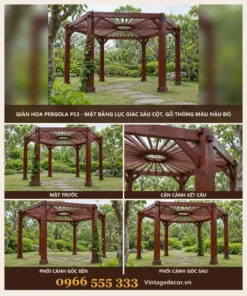 Giàn Hoa Pergola P53 - Mặt Bằng Lục Giác Sáu Cột, Gỗ Thông Màu Nâu Đỏ