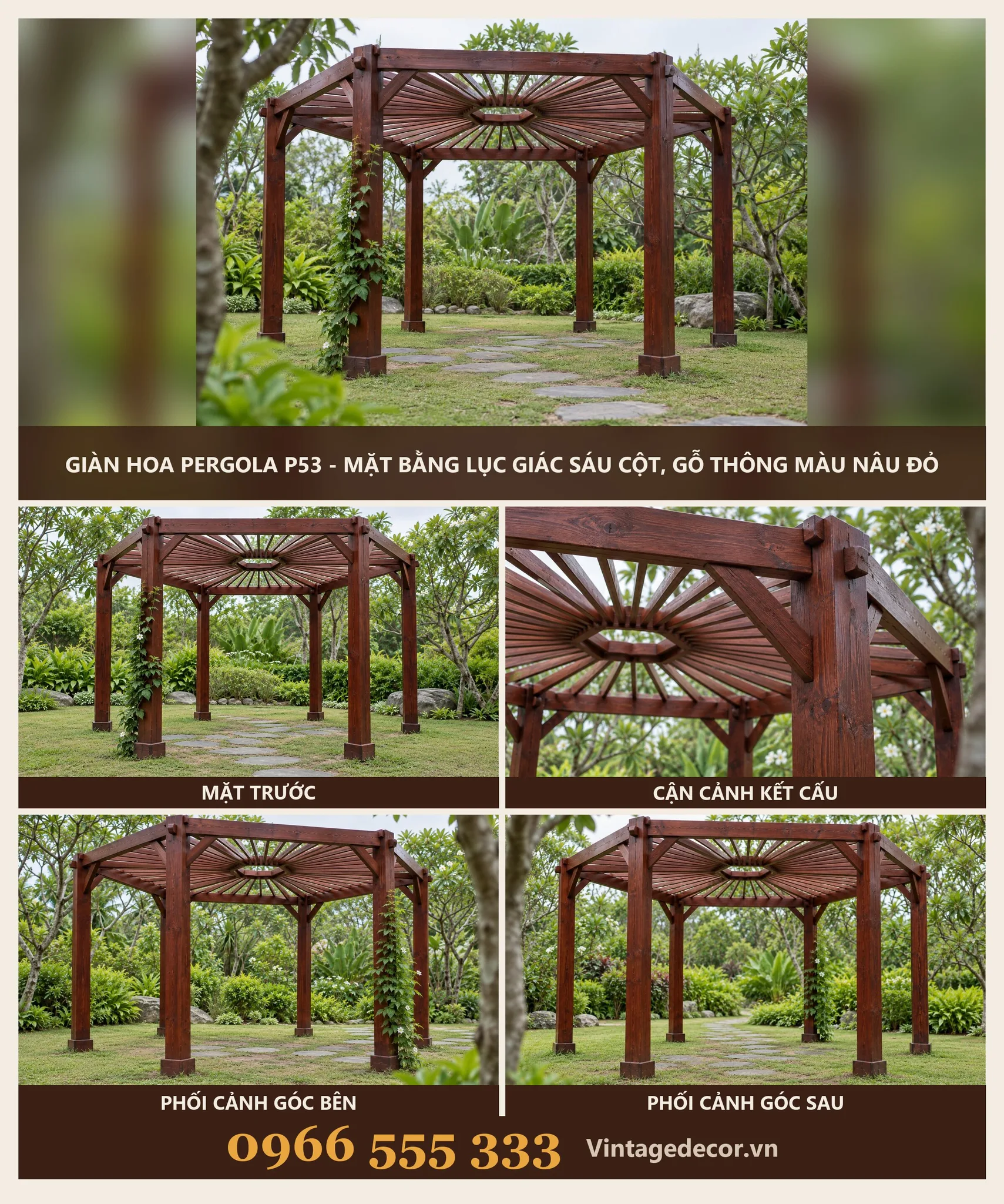 Giàn Hoa Pergola P53 Lục Giác Sáu Cột