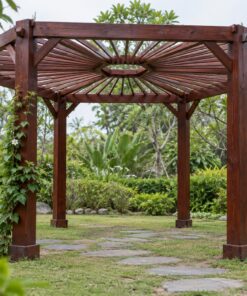 Giàn Hoa Pergola P53 - Mặt Bằng Lục Giác Sáu Cột, Gỗ Thông Màu Nâu Đỏ