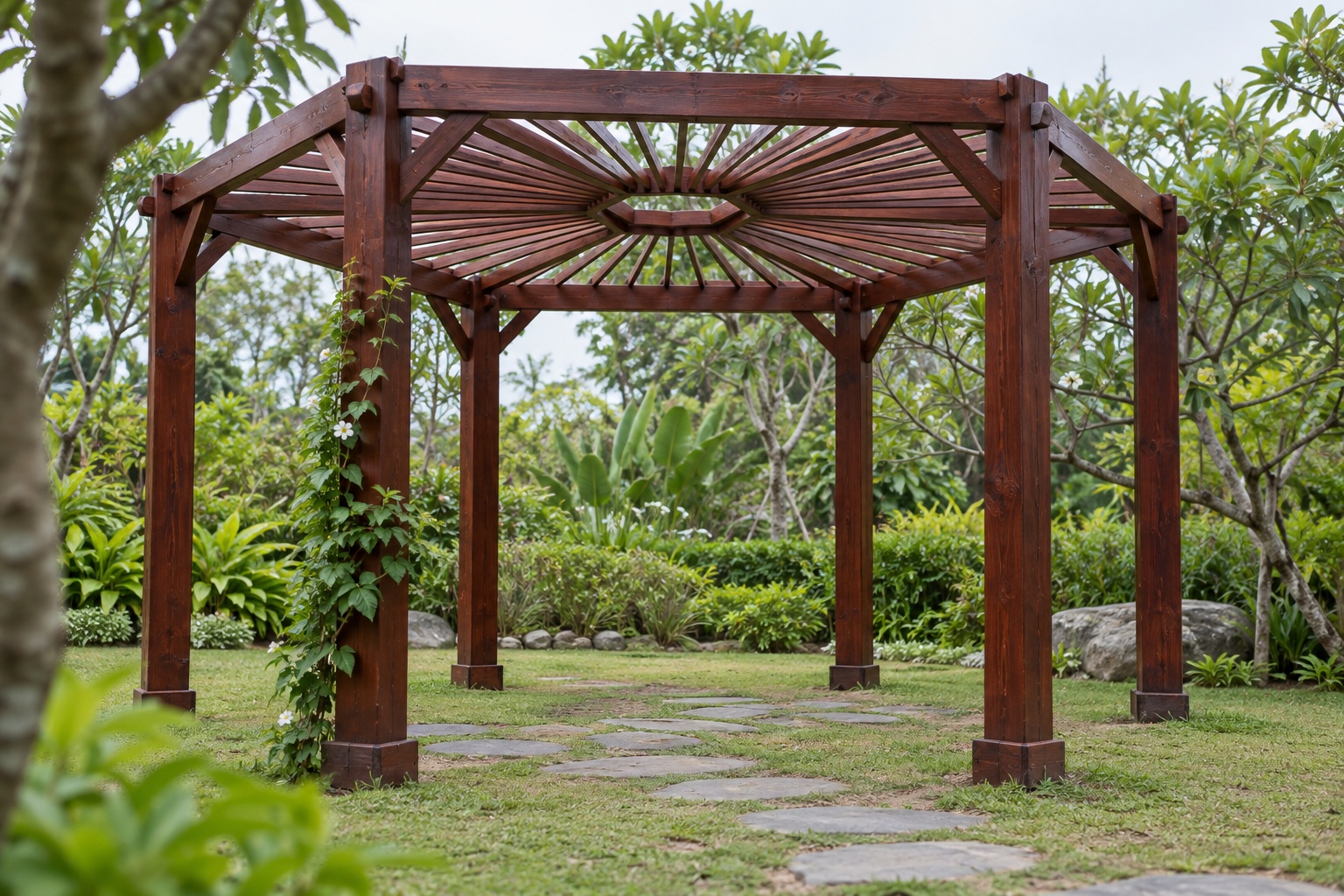 Giàn Hoa Pergola P53 - Mặt Bằng Lục Giác Sáu Cột, Gỗ Thông Màu Nâu Đỏ Giàn Hoa Pergola P53 - Mặt Bằng Lục Giác Sáu Cột, Gỗ Thông Màu Nâu Đỏ