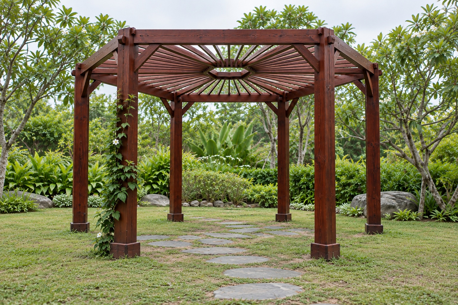Giàn Hoa Pergola P53 - Mặt Bằng Lục Giác Sáu Cột, Gỗ Thông Màu Nâu Đỏ Giàn Hoa Pergola P53 - Mặt Bằng Lục Giác Sáu Cột, Gỗ Thông Màu Nâu Đỏ